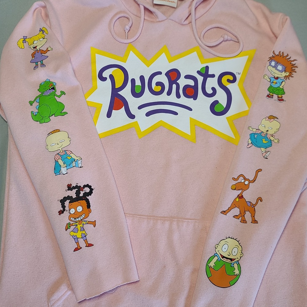 Nickelodeon Rugrats Hoodie Womens Medium Pink Graphic Sleeve Raw Hem 90s Cartoon